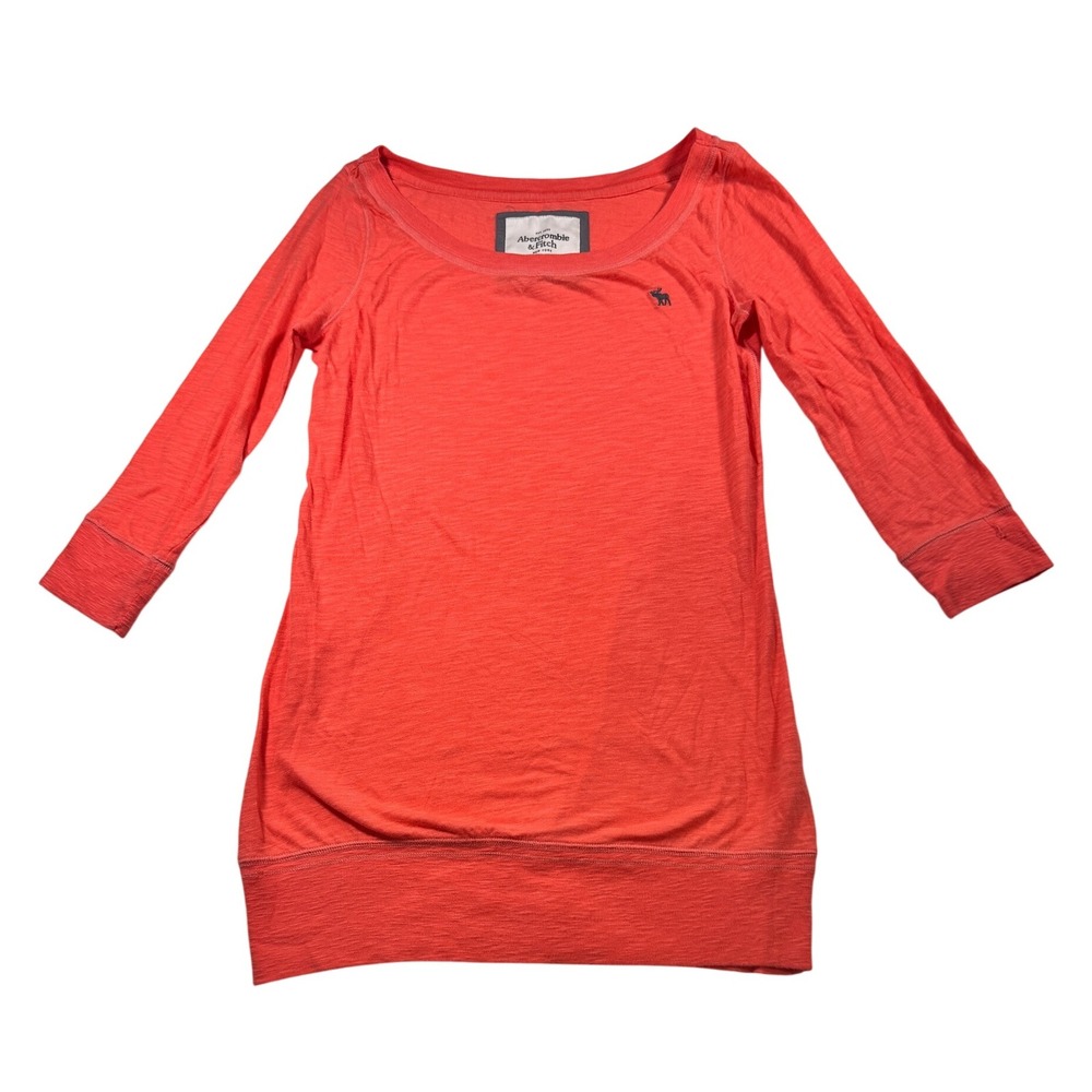 Abercrombie Fitch Coral Long Sleeve Tunic Top Crew Neck Embellished Logo Y2K‎ L